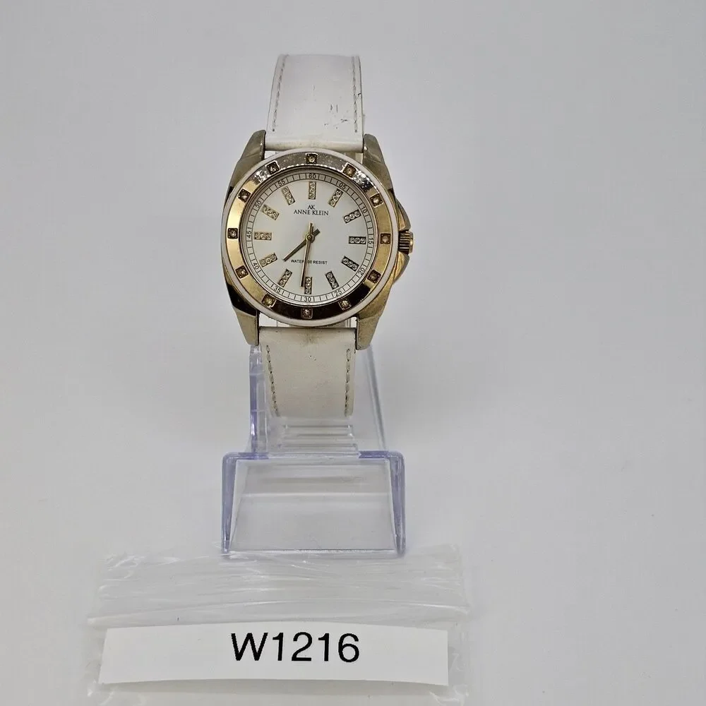 Anne Klein Women's Watch‎ 36MM White Dial White Leather Bands New Battery